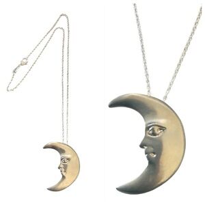 Vintage Crescent Moon w Face Pendant Necklace, Dainty Silver Rolo Chain, 19”